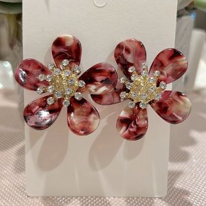 Red Marbled Acrylic Resin Swarovski Crystal Flower Stud Statement Earrings